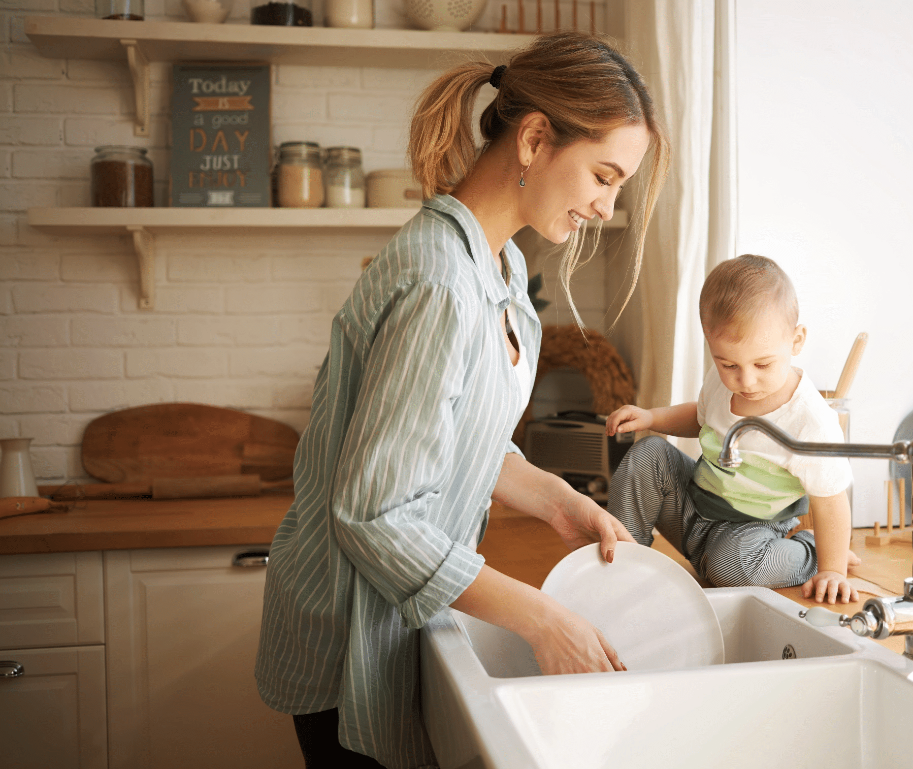 A parent and child enjoying clean water at home